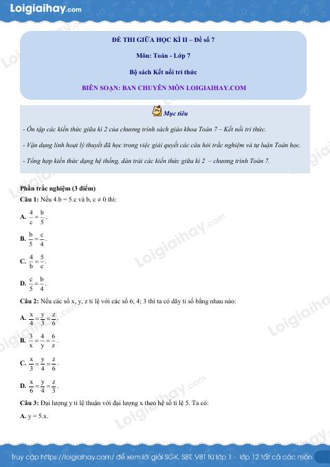 Đề thi giữa kì 2 Toán 7 Kết nối tri thức - Đề số 7